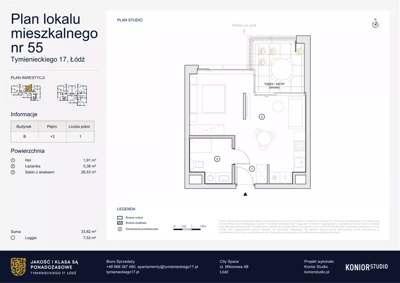 2 pokoje, apartament 33,82 m², piętro 2, oferta nr B.55, Tymienieckiego 17, Łódź, Widzew, ul. Tymienieckiego 17