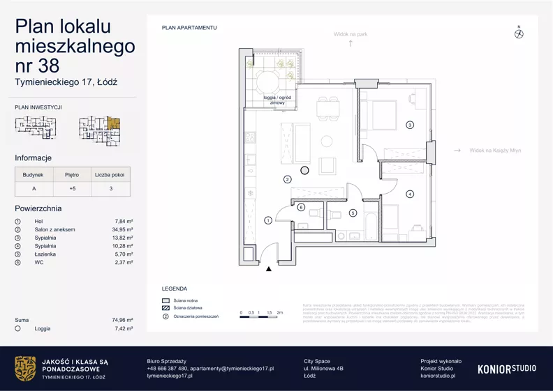 3 pokoje, apartament 74,96 m², piętro 5, oferta nr A.38, Tymienieckiego 17, Łódź, Widzew, ul. Tymienieckiego 17