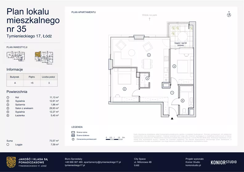 3 pokoje, apartament 73,57 m², piętro 5, oferta nr A.35, Tymienieckiego 17, Łódź, Widzew, ul. Tymienieckiego 17