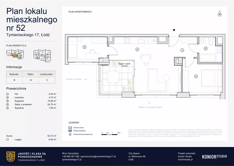 3 pokoje, apartament 53,73 m², piętro 2, oferta nr B.52, Tymienieckiego 17, Łódź, Widzew, ul. Tymienieckiego 17