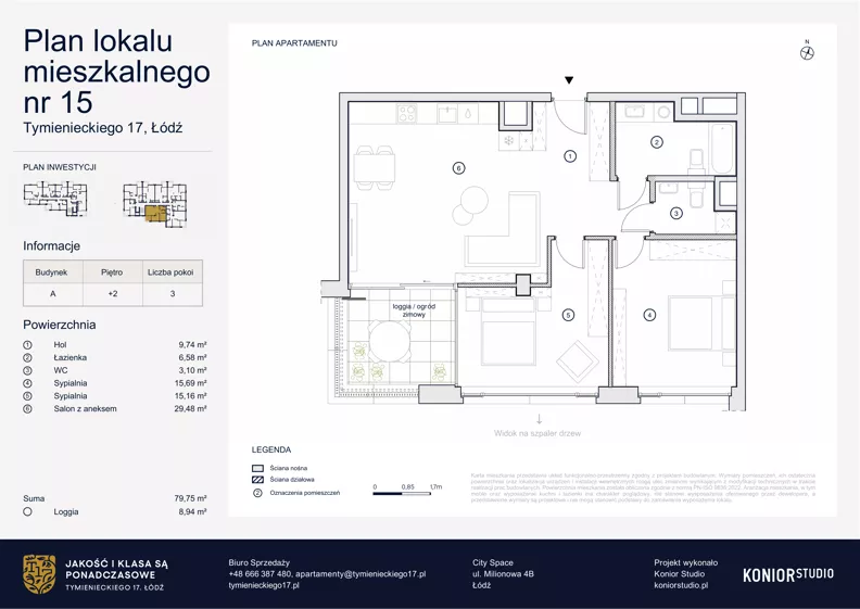 3 pokoje, apartament 79,75 m², piętro 2, oferta nr A.15, Tymienieckiego 17, Łódź, Widzew, ul. Tymienieckiego 17