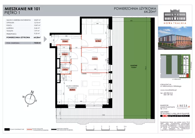 3 pokoje, mieszkanie 64,20 m², piętro 1, oferta nr 101, Nowa Tkalnia, Łódź, Widzew, ul. Milionowa/Kilińskiego