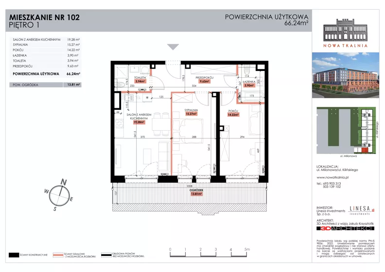 3 pokoje, mieszkanie 66,24 m², piętro 1, oferta nr 102, Nowa Tkalnia, Łódź, Widzew, ul. Milionowa/Kilińskiego