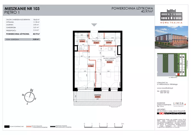 2 pokoje, mieszkanie 40,97 m², piętro 1, oferta nr 103, Nowa Tkalnia, Łódź, Widzew, ul. Milionowa/Kilińskiego