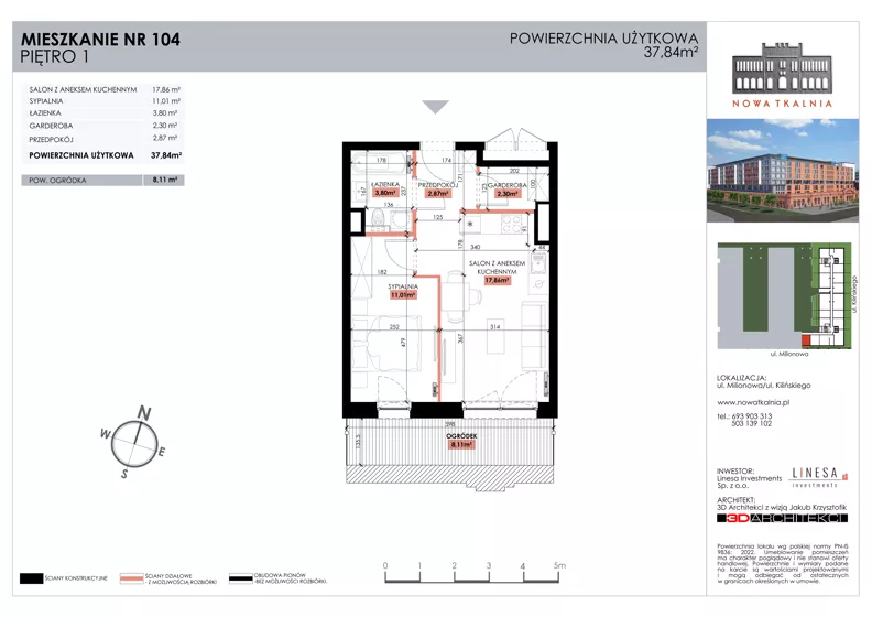 2 pokoje, mieszkanie 37,84 m², piętro 1, oferta nr 104, Nowa Tkalnia, Łódź, Widzew, ul. Milionowa/Kilińskiego