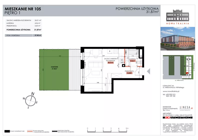 1 pokój, mieszkanie 31,87 m², piętro 1, oferta nr 105, Nowa Tkalnia, Łódź, Widzew, ul. Milionowa/Kilińskiego