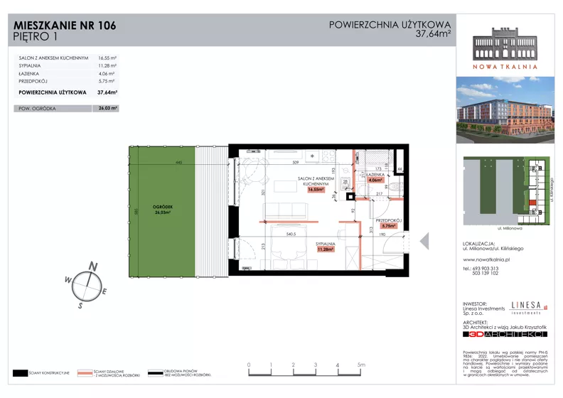 2 pokoje, mieszkanie 37,64 m², piętro 1, oferta nr 106, Nowa Tkalnia, Łódź, Widzew, ul. Milionowa/Kilińskiego