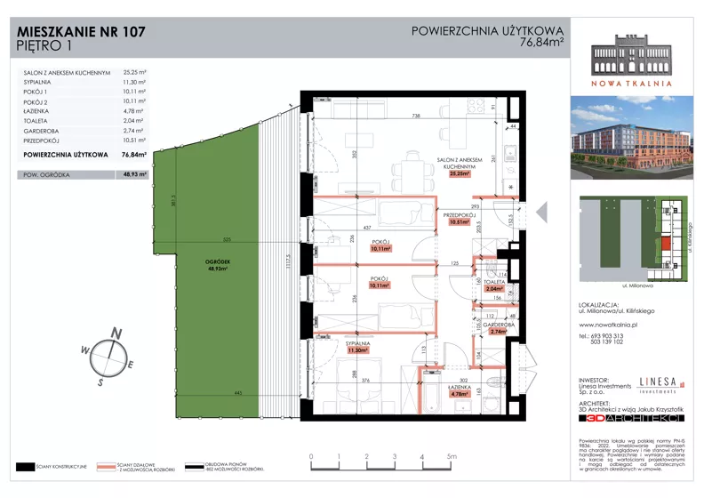 4 pokoje, mieszkanie 76,84 m², piętro 1, oferta nr 107, Nowa Tkalnia, Łódź, Widzew, ul. Milionowa/Kilińskiego