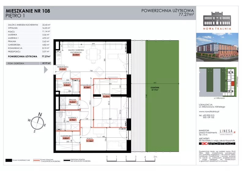 3 pokoje, mieszkanie 77,27 m², piętro 1, oferta nr 108, Nowa Tkalnia, Łódź, Widzew, ul. Milionowa/Kilińskiego