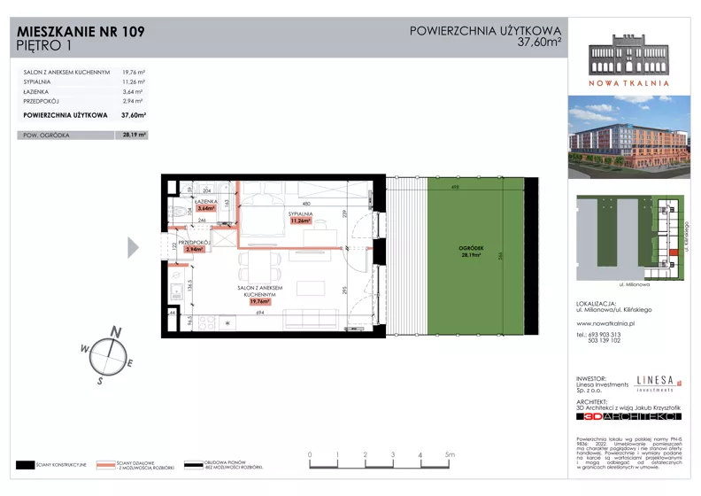 2 pokoje, mieszkanie 37,60 m², piętro 1, oferta nr 109, Nowa Tkalnia, Łódź, Widzew, ul. Milionowa/Kilińskiego