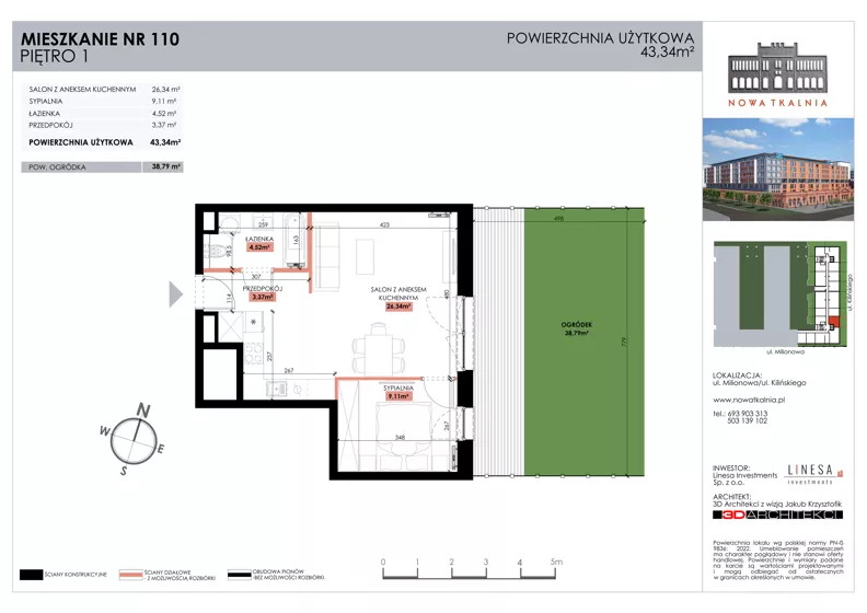2 pokoje, mieszkanie 43,34 m², piętro 1, oferta nr 110, Nowa Tkalnia, Łódź, Widzew, ul. Milionowa/Kilińskiego