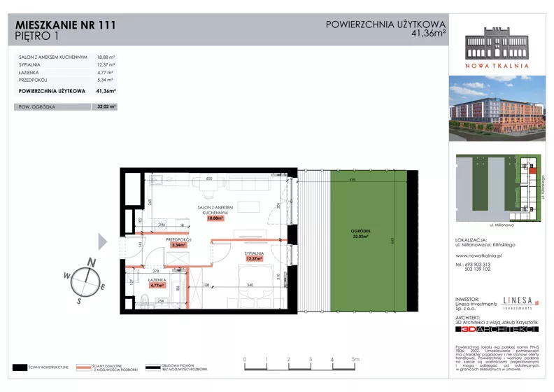 2 pokoje, mieszkanie 41,36 m², piętro 1, oferta nr 111, Nowa Tkalnia, Łódź, Widzew, ul. Milionowa/Kilińskiego