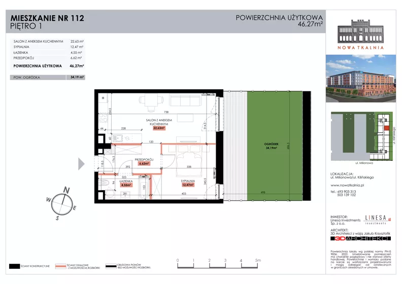 2 pokoje, mieszkanie 46,27 m², piętro 1, oferta nr 112, Nowa Tkalnia, Łódź, Widzew, ul. Milionowa/Kilińskiego
