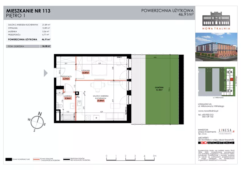 2 pokoje, mieszkanie 46,91 m², piętro 1, oferta nr 113, Nowa Tkalnia, Łódź, Widzew, ul. Milionowa/Kilińskiego