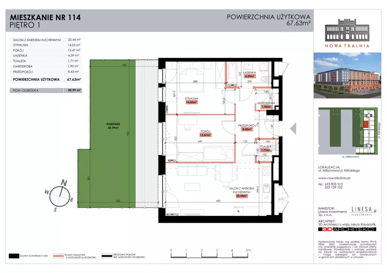 3 pokoje, mieszkanie 67,63 m², piętro 1, oferta nr 114, Nowa Tkalnia, Łódź, Widzew, ul. Milionowa/Kilińskiego