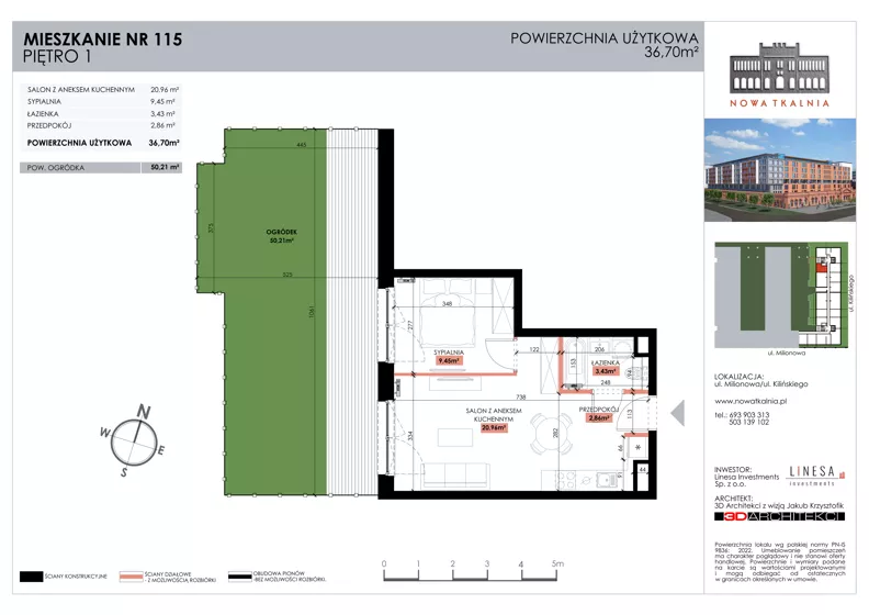 2 pokoje, mieszkanie 36,70 m², piętro 1, oferta nr 115, Nowa Tkalnia, Łódź, Widzew, ul. Milionowa/Kilińskiego