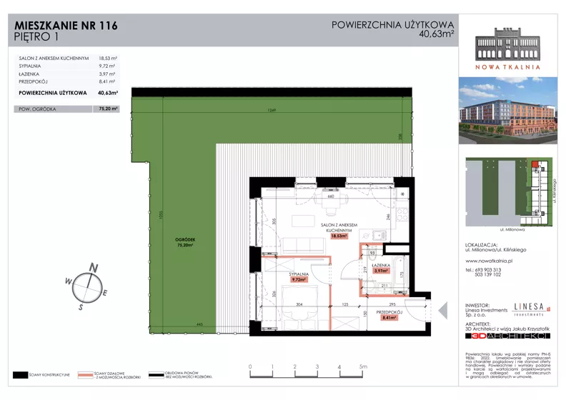 2 pokoje, mieszkanie 40,63 m², piętro 1, oferta nr 116, Nowa Tkalnia, Łódź, Widzew, ul. Milionowa/Kilińskiego