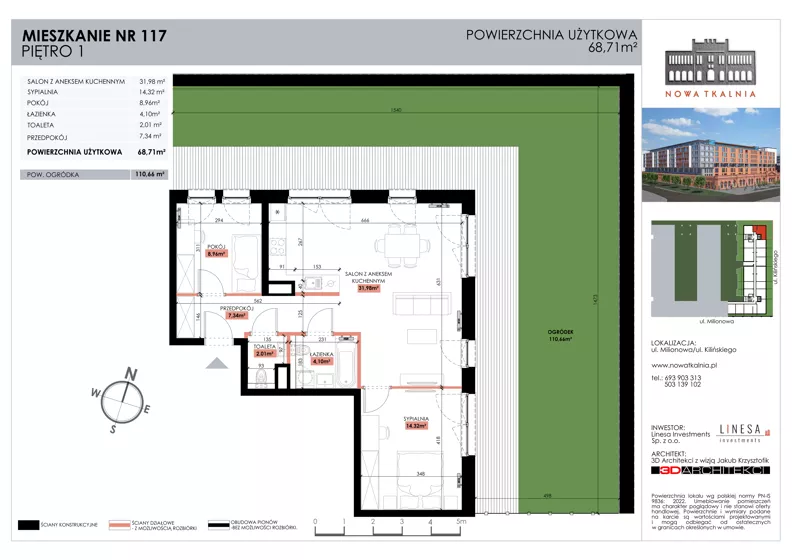 3 pokoje, mieszkanie 68,71 m², piętro 1, oferta nr 117, Nowa Tkalnia, Łódź, Widzew, ul. Milionowa/Kilińskiego