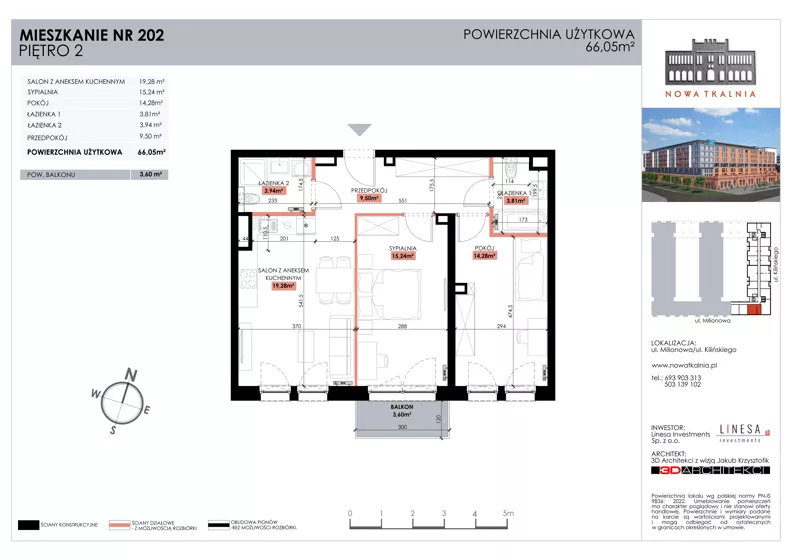 3 pokoje, mieszkanie 66,05 m², piętro 2, oferta nr 202, Nowa Tkalnia, Łódź, Widzew, ul. Milionowa/Kilińskiego