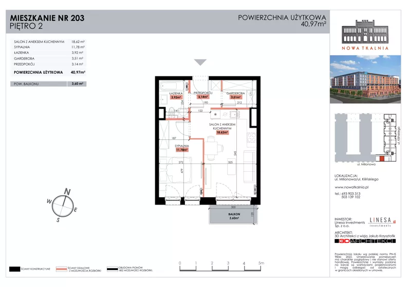 2 pokoje, mieszkanie 40,97 m², piętro 2, oferta nr 203, Nowa Tkalnia, Łódź, Widzew, ul. Milionowa/Kilińskiego
