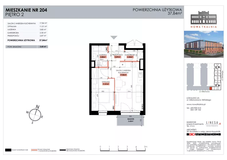 2 pokoje, mieszkanie 37,84 m², piętro 2, oferta nr 204, Nowa Tkalnia, Łódź, Widzew, ul. Milionowa/Kilińskiego