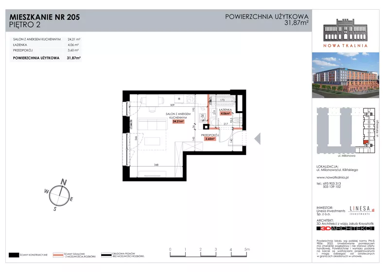 1 pokój, mieszkanie 31,87 m², piętro 2, oferta nr 205, Nowa Tkalnia, Łódź, Widzew, ul. Milionowa/Kilińskiego