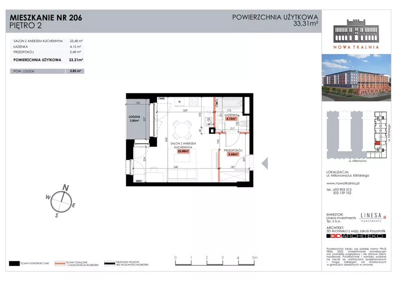 1 pokój, mieszkanie 33,31 m², piętro 2, oferta nr 206, Nowa Tkalnia, Łódź, Widzew, ul. Milionowa/Kilińskiego