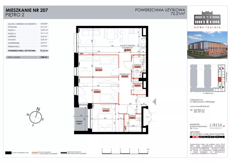 4 pokoje, mieszkanie 72,21 m², piętro 2, oferta nr 207, Nowa Tkalnia, Łódź, Widzew, ul. Milionowa/Kilińskiego