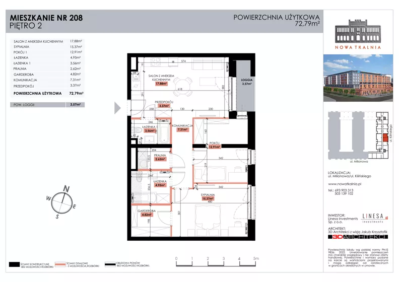 3 pokoje, mieszkanie 72,79 m², piętro 2, oferta nr 208, Nowa Tkalnia, Łódź, Widzew, ul. Milionowa/Kilińskiego