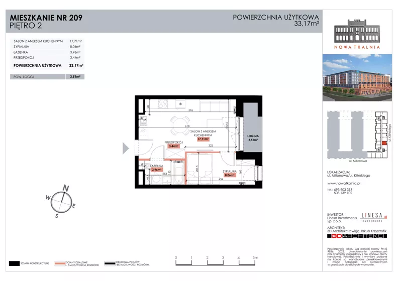 2 pokoje, mieszkanie 33,17 m², piętro 2, oferta nr 209, Nowa Tkalnia, Łódź, Widzew, ul. Milionowa/Kilińskiego