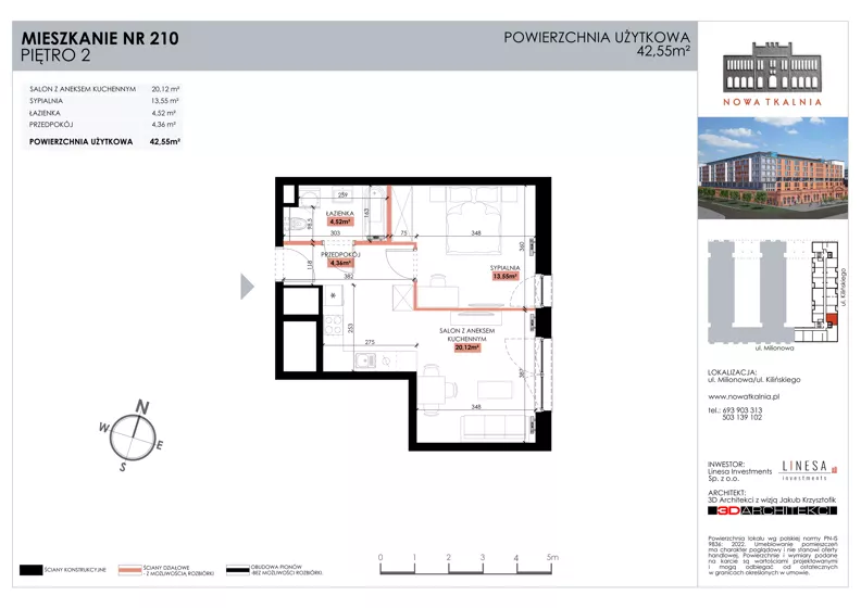 2 pokoje, mieszkanie 42,55 m², piętro 2, oferta nr 210, Nowa Tkalnia, Łódź, Widzew, ul. Milionowa/Kilińskiego