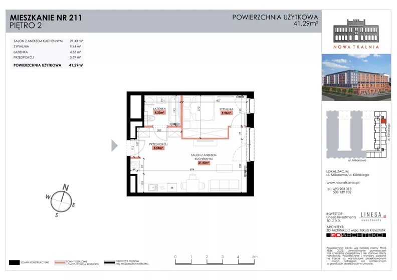 2 pokoje, mieszkanie 41,29 m², piętro 2, oferta nr 211, Nowa Tkalnia, Łódź, Widzew, ul. Milionowa/Kilińskiego