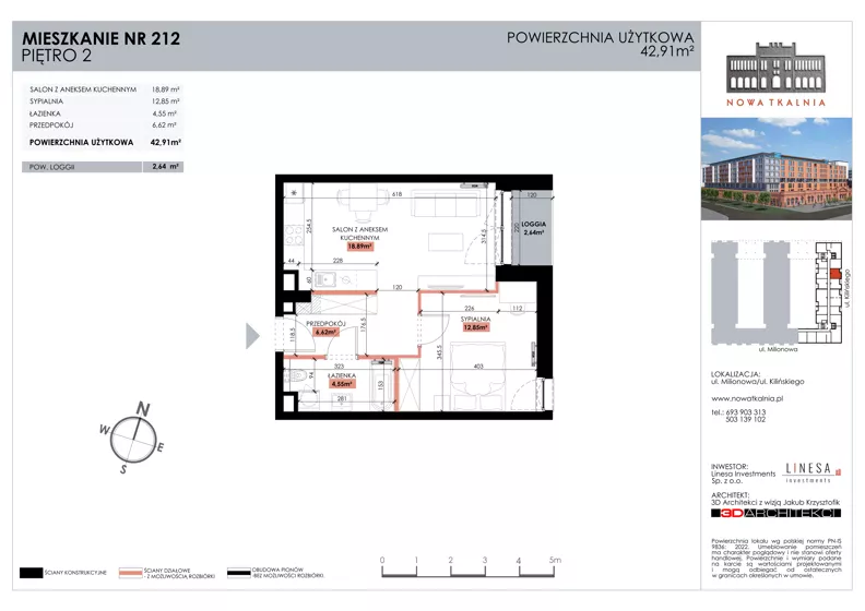 2 pokoje, mieszkanie 42,91 m², piętro 2, oferta nr 212, Nowa Tkalnia, Łódź, Widzew, ul. Milionowa/Kilińskiego