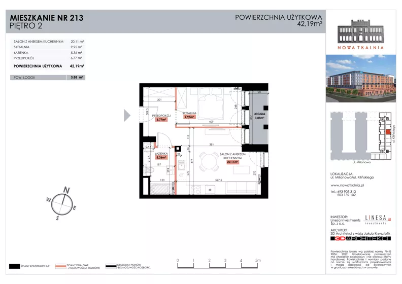 2 pokoje, mieszkanie 42,19 m², piętro 2, oferta nr 213, Nowa Tkalnia, Łódź, Widzew, ul. Milionowa/Kilińskiego