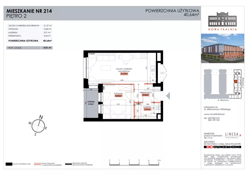 2 pokoje, mieszkanie 40,64 m², piętro 2, oferta nr 214, Nowa Tkalnia, Łódź, Widzew, ul. Milionowa/Kilińskiego