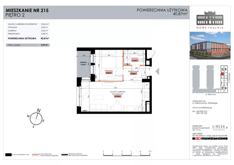 2 pokoje, mieszkanie 40,87 m², piętro 2, oferta nr 215, Nowa Tkalnia, Łódź, Widzew, ul. Milionowa/Kilińskiego