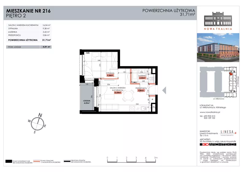 2 pokoje, mieszkanie 31,71 m², piętro 2, oferta nr 216, Nowa Tkalnia, Łódź, Widzew, ul. Milionowa/Kilińskiego