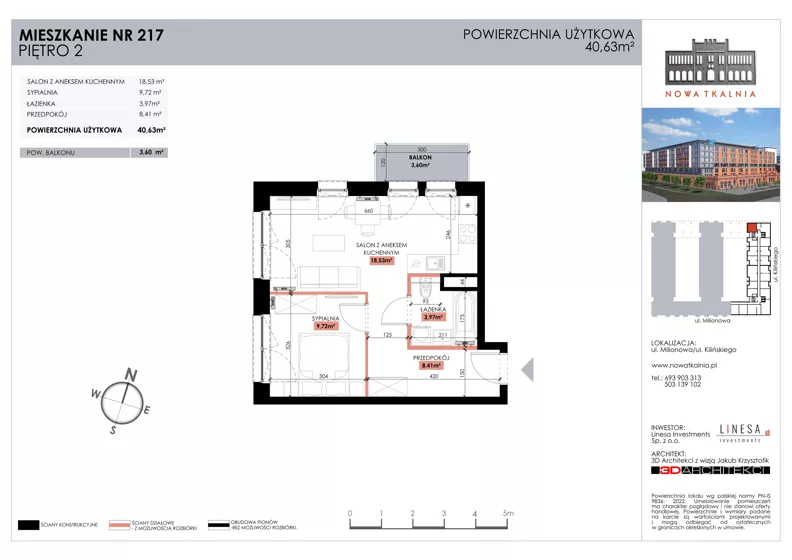 2 pokoje, mieszkanie 40,63 m², piętro 2, oferta nr 217, Nowa Tkalnia, Łódź, Widzew, ul. Milionowa/Kilińskiego