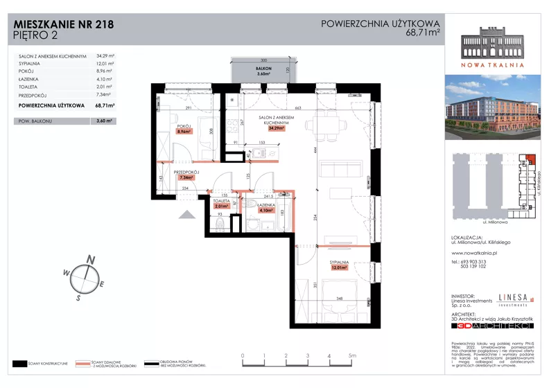 3 pokoje, mieszkanie 68,71 m², piętro 2, oferta nr 218, Nowa Tkalnia, Łódź, Widzew, ul. Milionowa/Kilińskiego