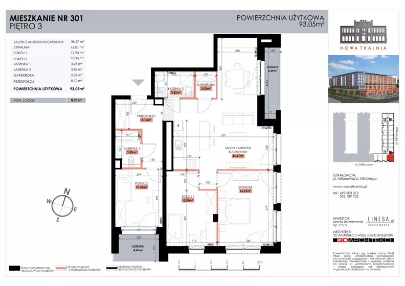 4 pokoje, mieszkanie 93,05 m², piętro 3, oferta nr 301, Nowa Tkalnia, Łódź, Widzew, ul. Milionowa/Kilińskiego