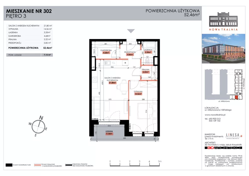 2 pokoje, mieszkanie 52,46 m², piętro 3, oferta nr 302, Nowa Tkalnia, Łódź, Widzew, ul. Milionowa/Kilińskiego