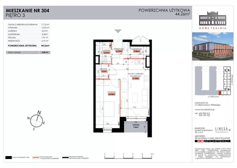 2 pokoje, mieszkanie 44,26 m², piętro 3, oferta nr 304, Nowa Tkalnia, Łódź, Widzew, ul. Milionowa/Kilińskiego