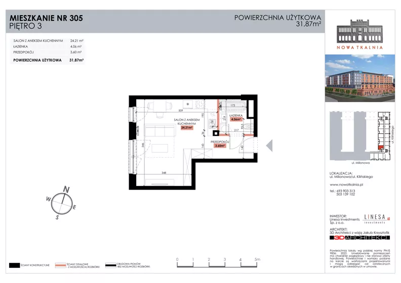 1 pokój, mieszkanie 31,87 m², piętro 3, oferta nr 305, Nowa Tkalnia, Łódź, Widzew, ul. Milionowa/Kilińskiego