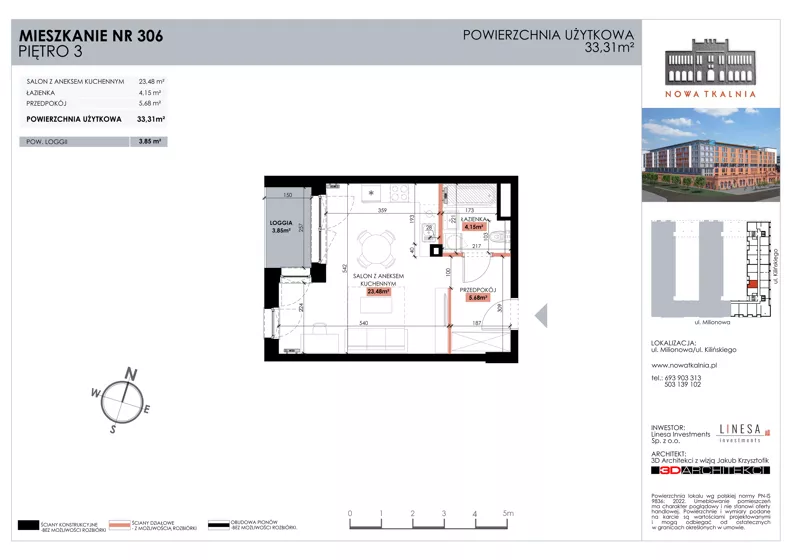 1 pokój, mieszkanie 33,31 m², piętro 3, oferta nr 306, Nowa Tkalnia, Łódź, Widzew, ul. Milionowa/Kilińskiego