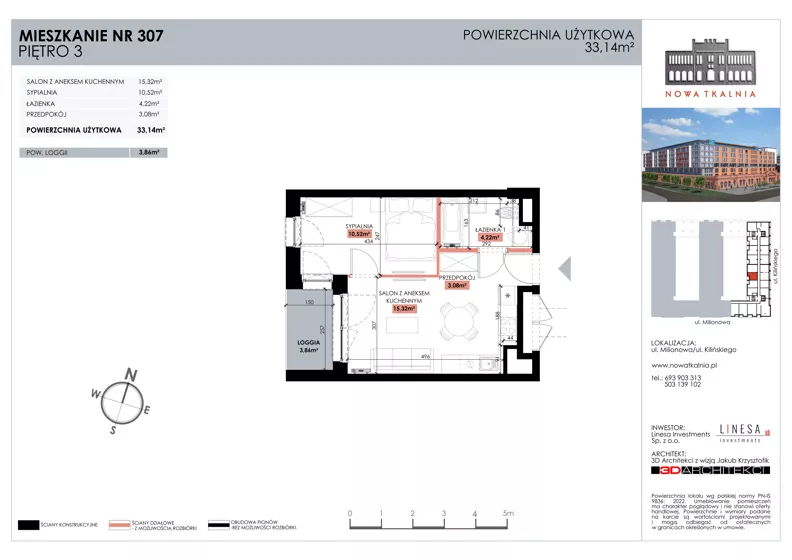 2 pokoje, mieszkanie 33,14 m², piętro 3, oferta nr 307, Nowa Tkalnia, Łódź, Widzew, ul. Milionowa/Kilińskiego