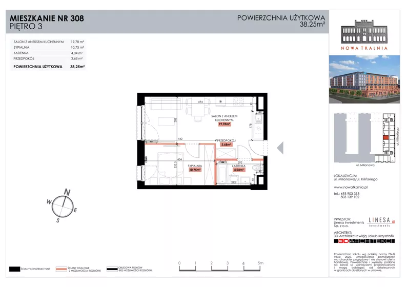 2 pokoje, mieszkanie 38,25 m², piętro 3, oferta nr 308, Nowa Tkalnia, Łódź, Widzew, ul. Milionowa/Kilińskiego