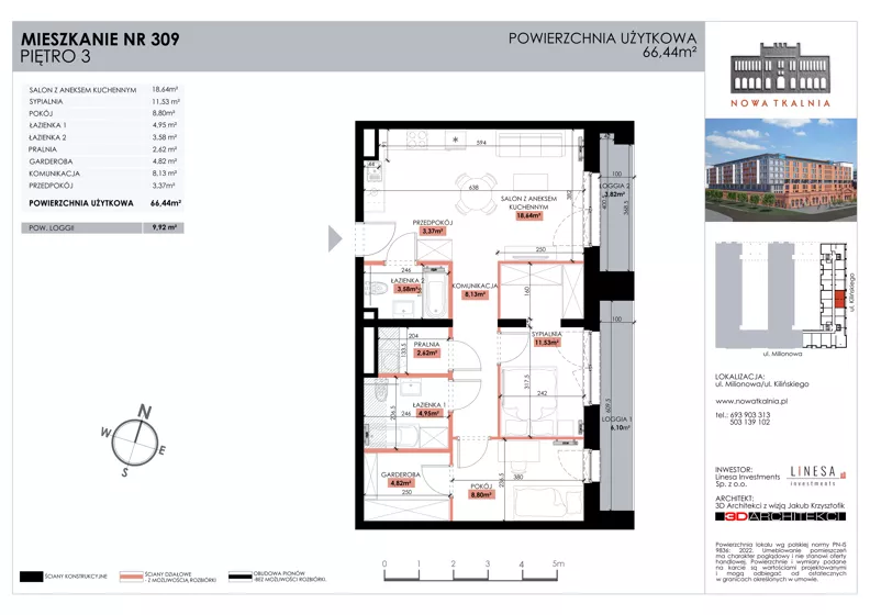 3 pokoje, mieszkanie 66,44 m², piętro 3, oferta nr 309, Nowa Tkalnia, Łódź, Widzew, ul. Milionowa/Kilińskiego