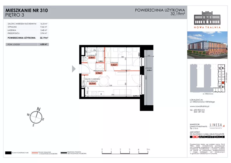 2 pokoje, mieszkanie 32,19 m², piętro 3, oferta nr 310, Nowa Tkalnia, Łódź, Widzew, ul. Milionowa/Kilińskiego