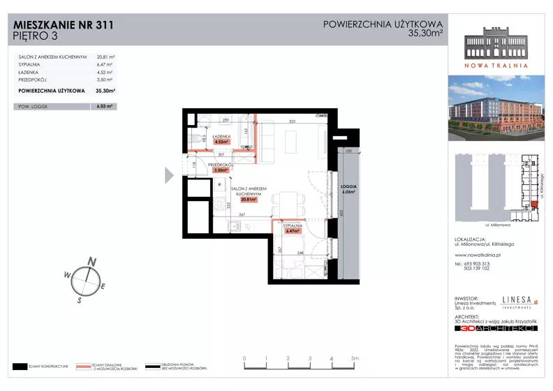 2 pokoje, mieszkanie 35,30 m², piętro 3, oferta nr 311, Nowa Tkalnia, Łódź, Widzew, ul. Milionowa/Kilińskiego