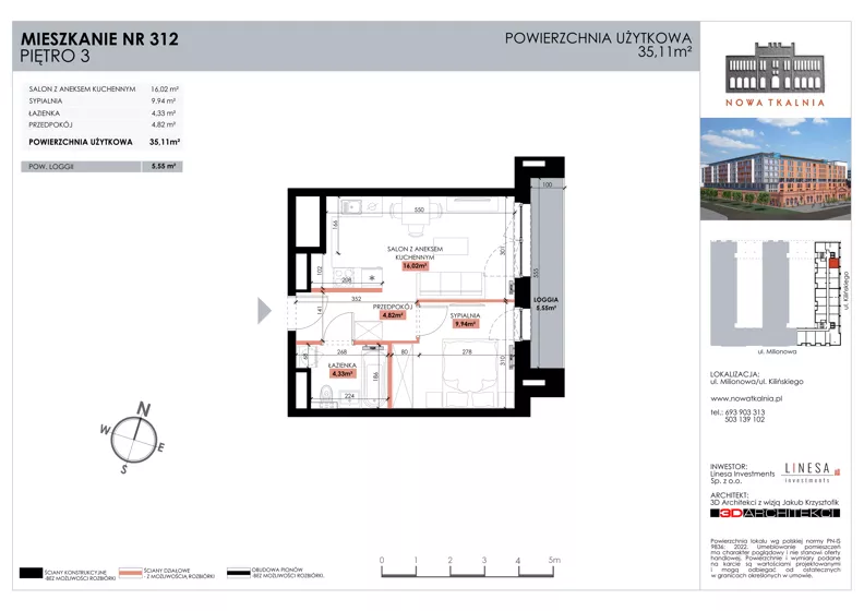 2 pokoje, mieszkanie 35,11 m², piętro 3, oferta nr 312, Nowa Tkalnia, Łódź, Widzew, ul. Milionowa/Kilińskiego